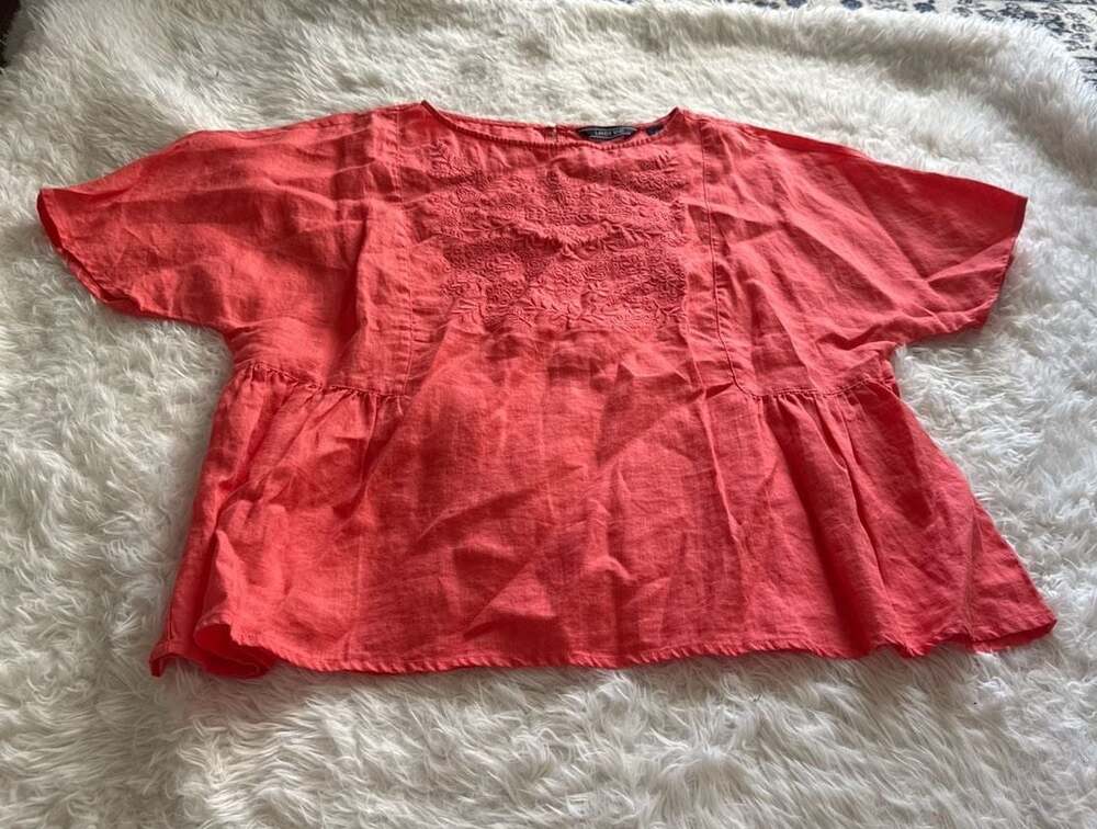 Lands' End Women's Size 12 Coral Orange‎ 100% Linen Embroidered Peplum Blouse